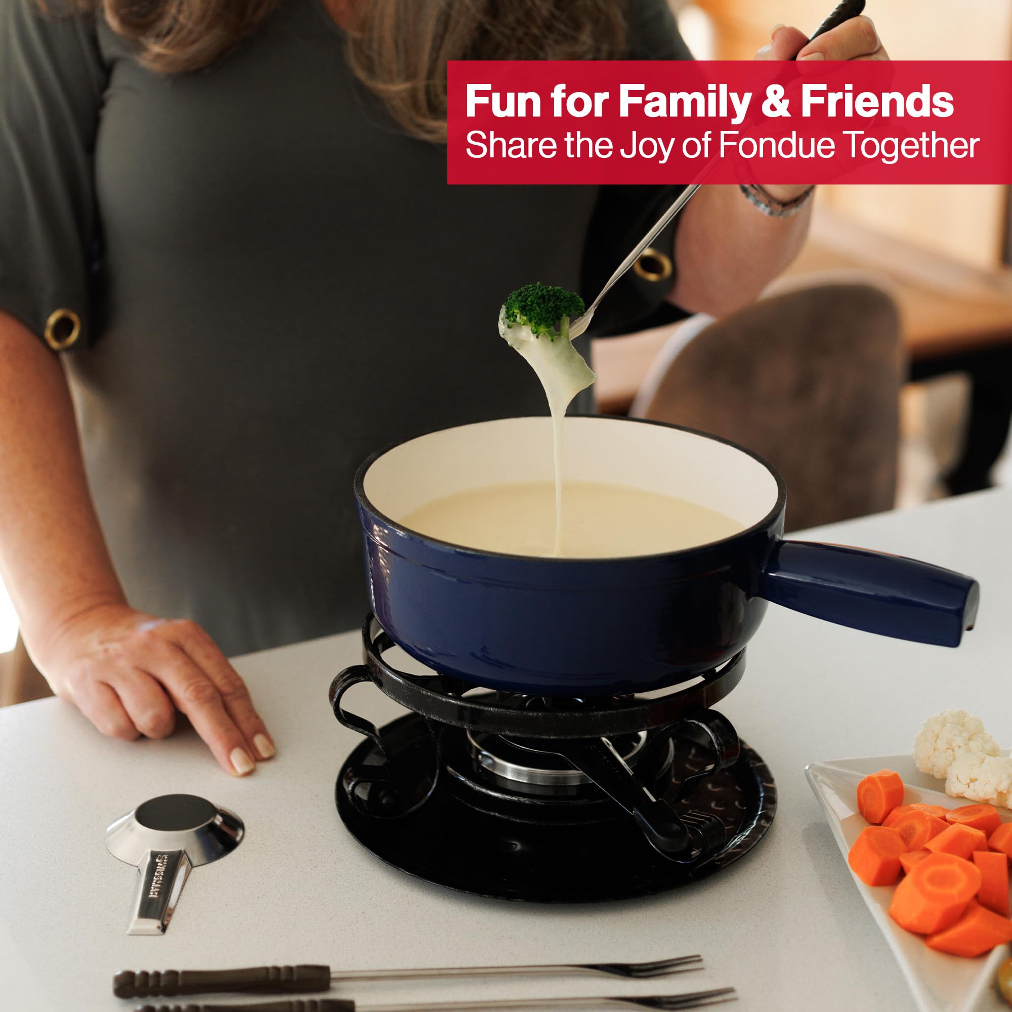 Swissmar Lugano recipe card and accessories displayed to guide fondue preparation
