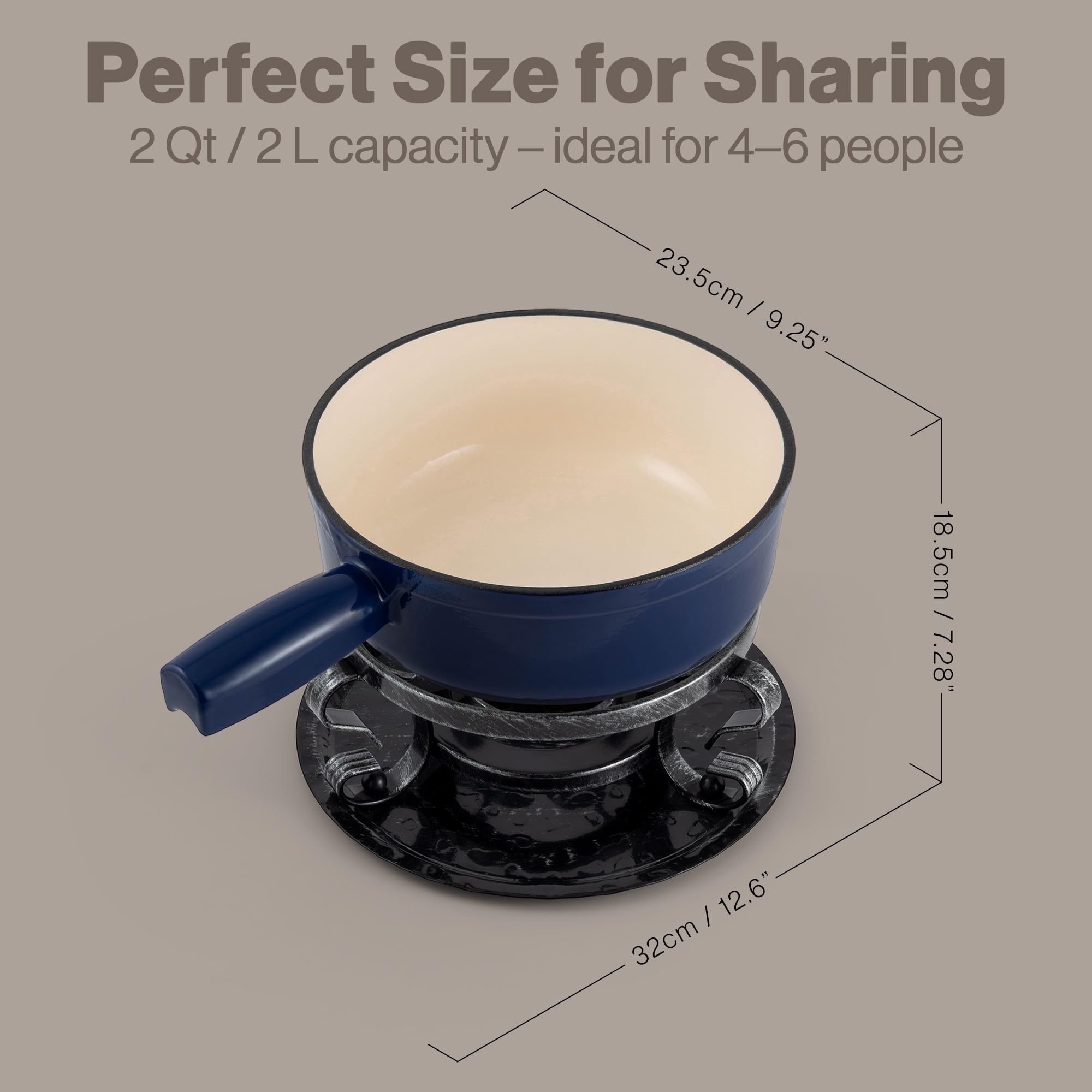 Swissmar Lugano size comparison with utensils showing 2-quart capacity for small groups