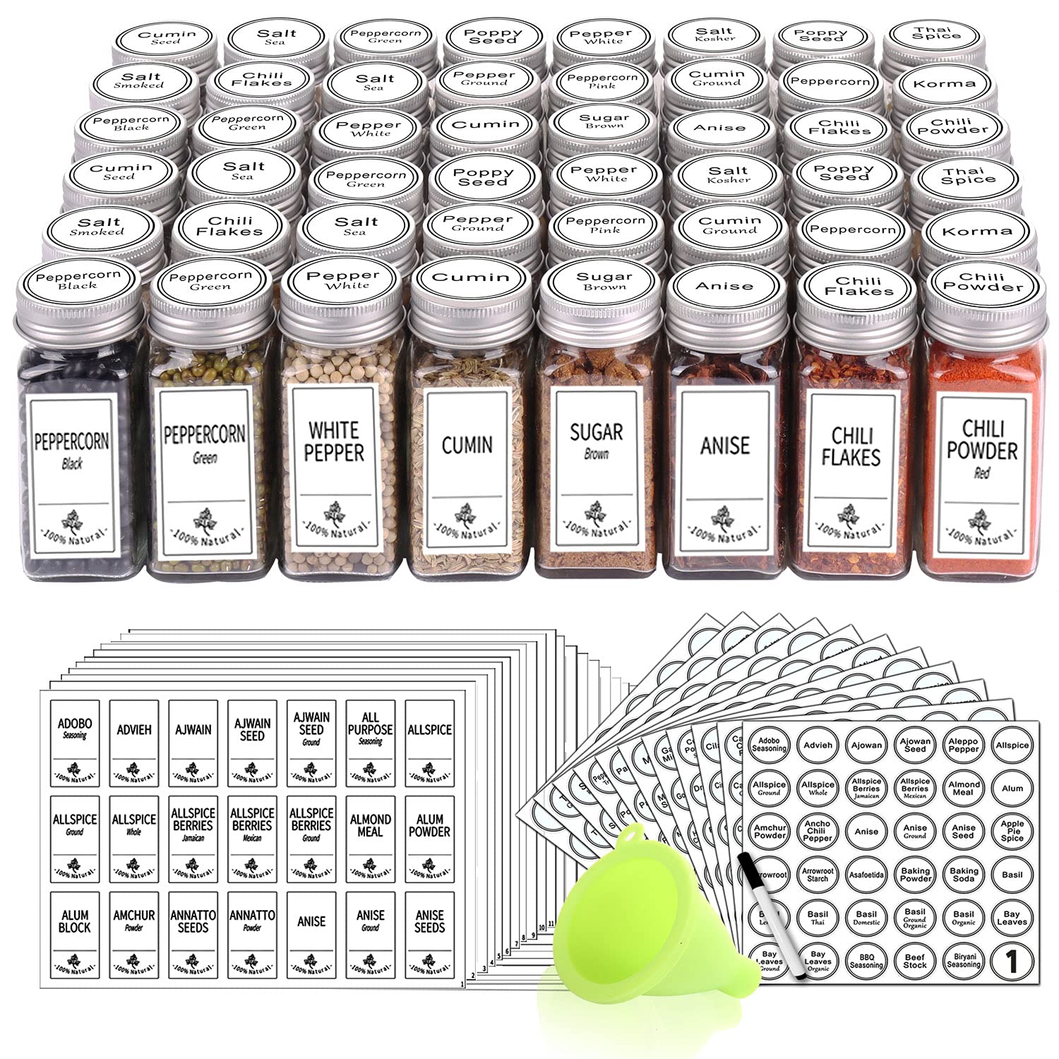 SWOMMOLY front view of 48-piece spice jar set showing contents and neat storage benefit