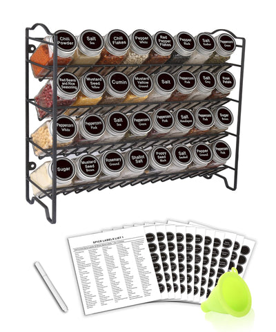 SWOMMOLY front view of full 4-tier spice rack showing organized jars and tidy storage benefit