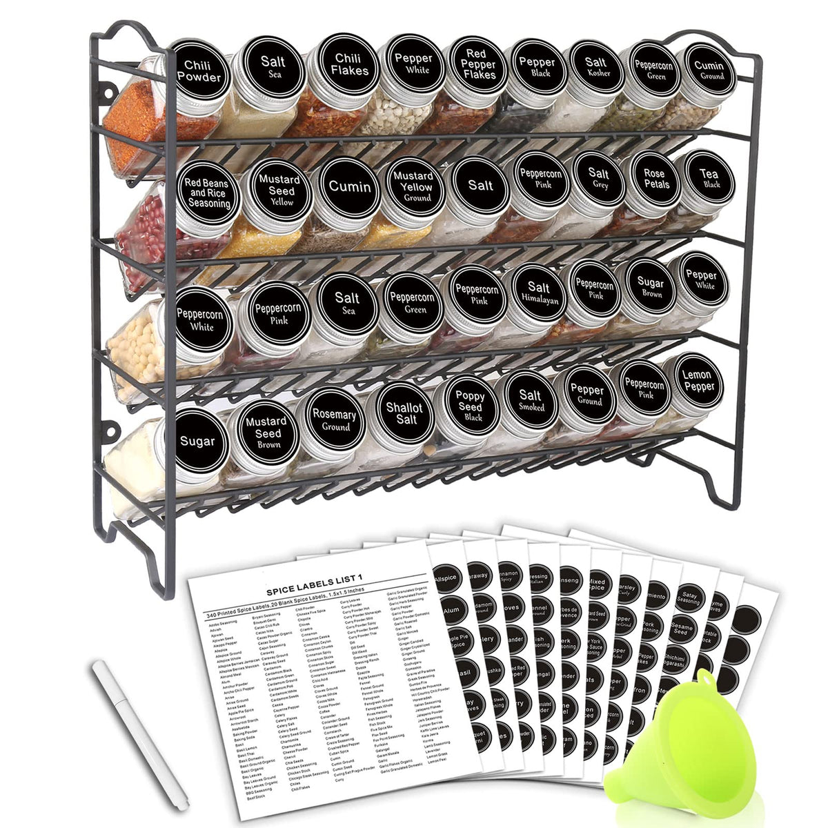 SWOMMOLY front view of spice rack showing 36 jars and tidy organization benefit