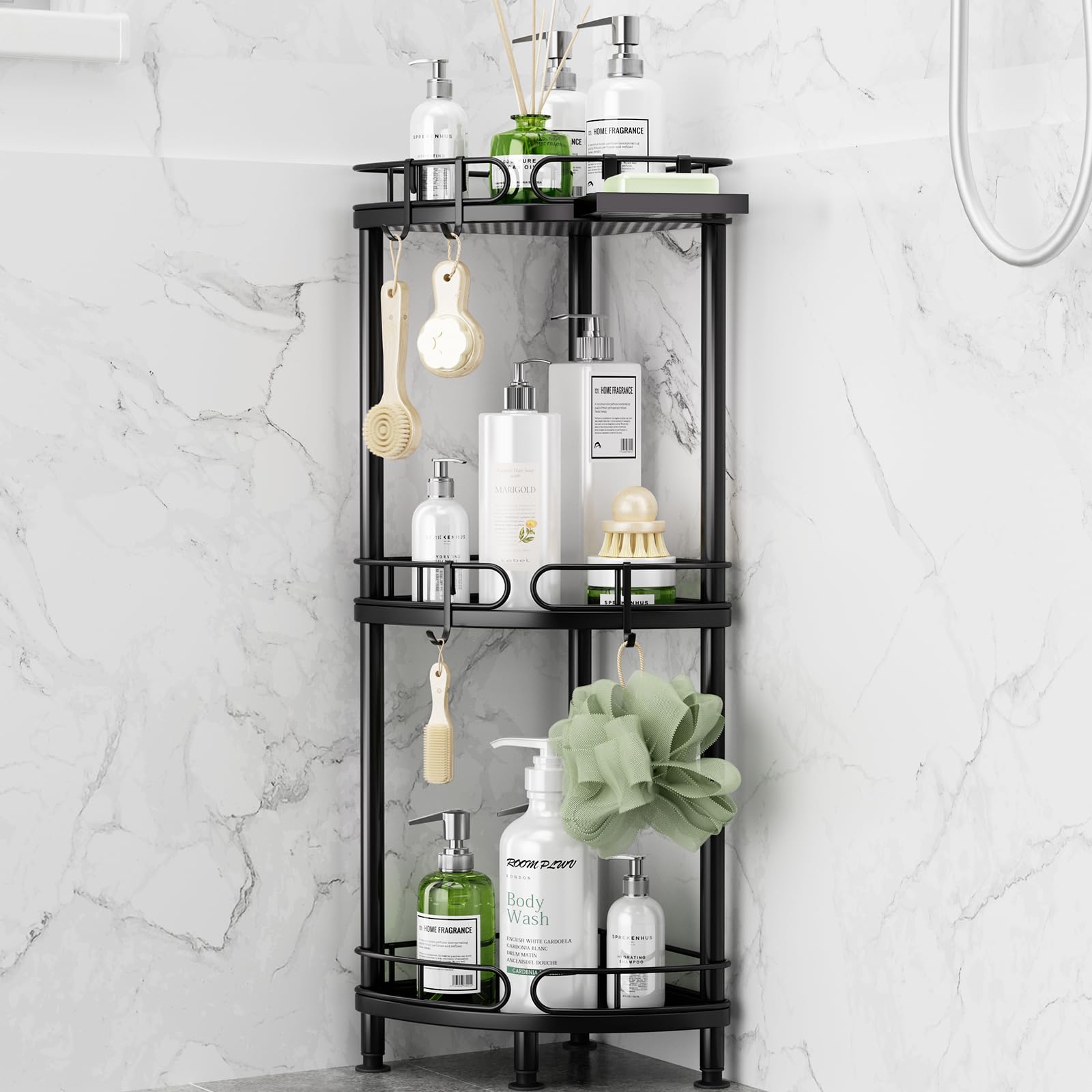 SWTYMIKI front view corner shower caddy showing tidy storage benefit