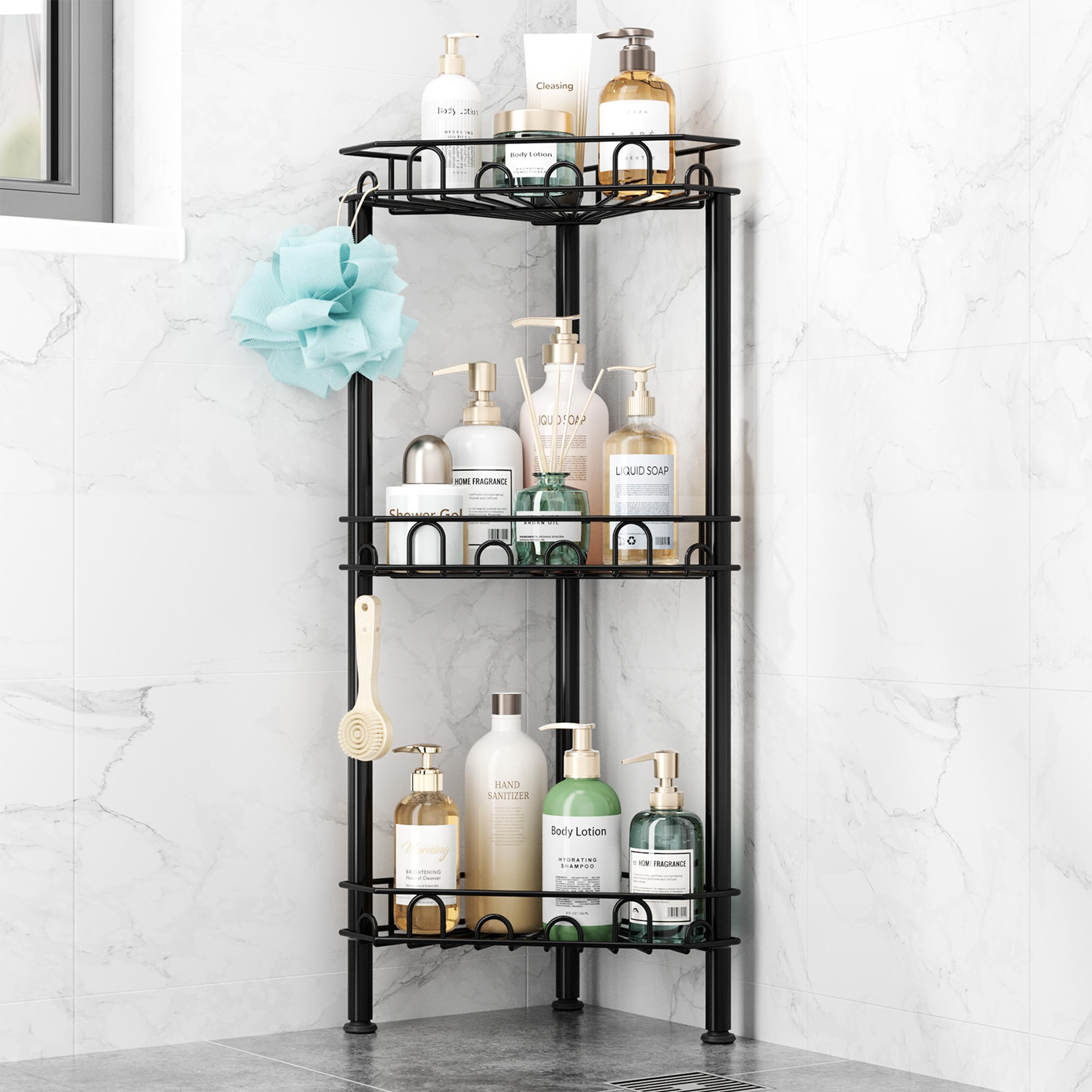 SWTYMIKI front view of three-tier standing shower caddy showing organized storage benefit