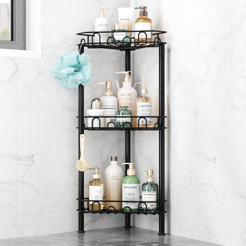 SWTYMIKI front view of three-tier standing shower caddy showing organized storage benefit