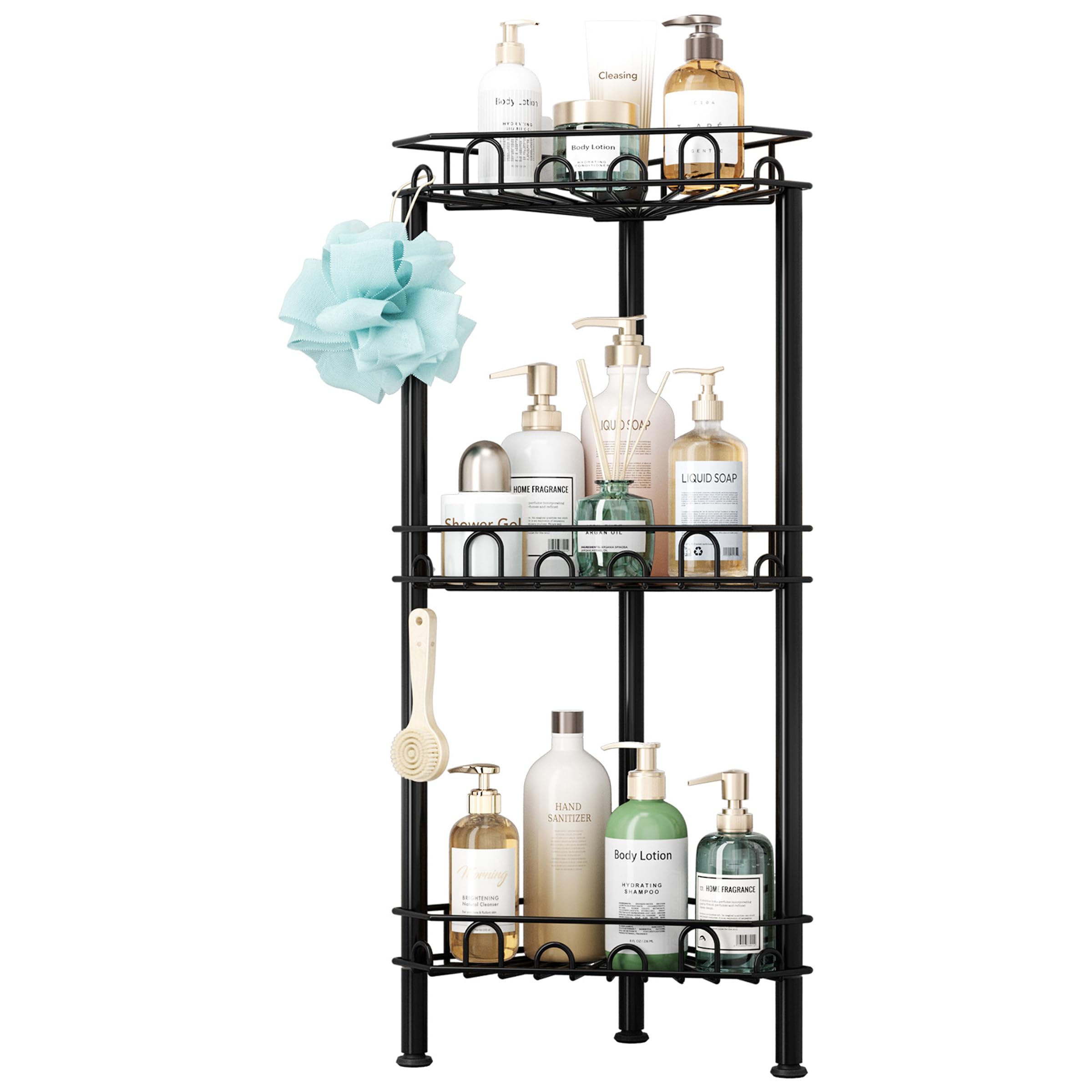 SWTYMIKI next to shampoo bottle showing shelf capacity and size clarity benefit