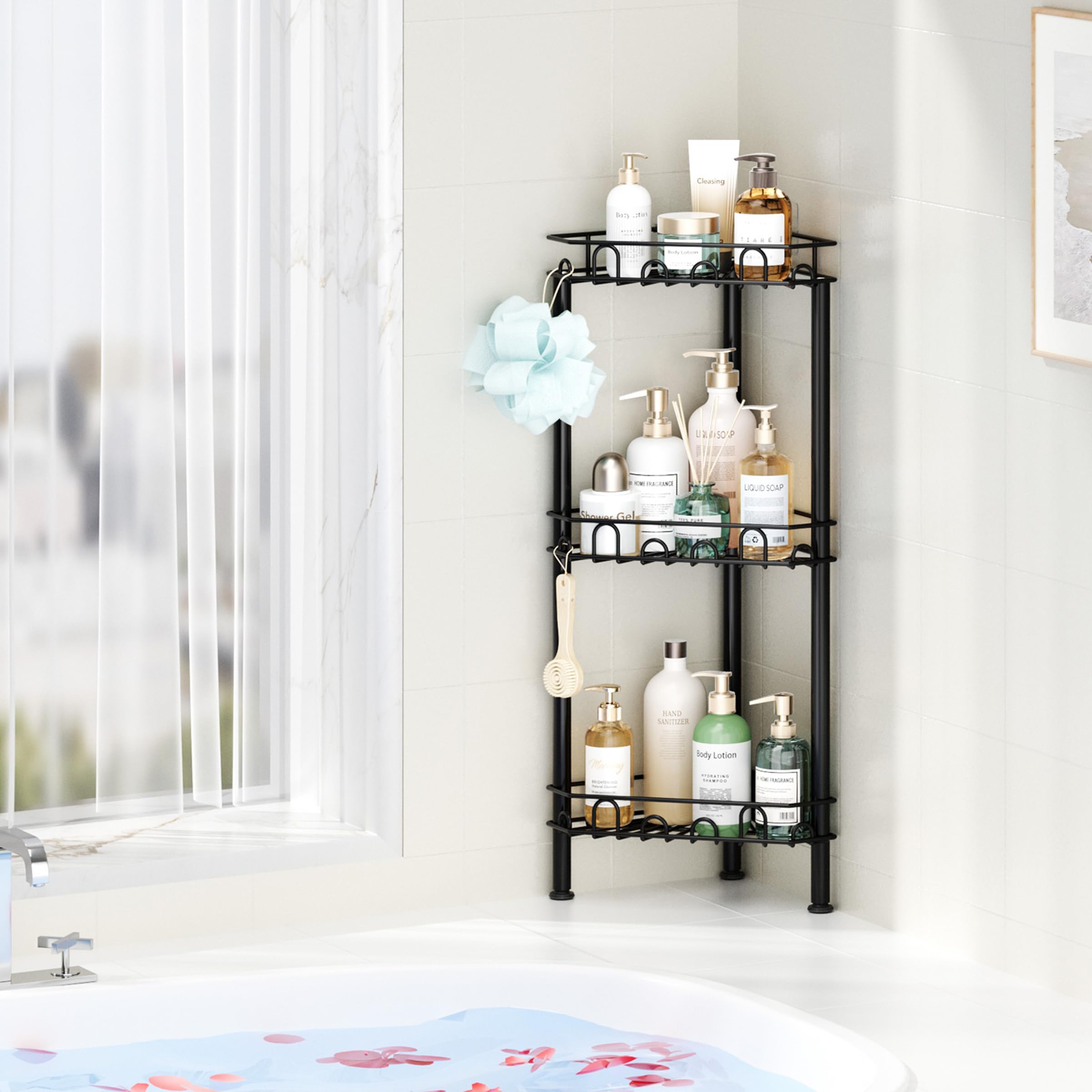 SWTYMIKI staged shower with bottles showing easy access and tidy organization benefit