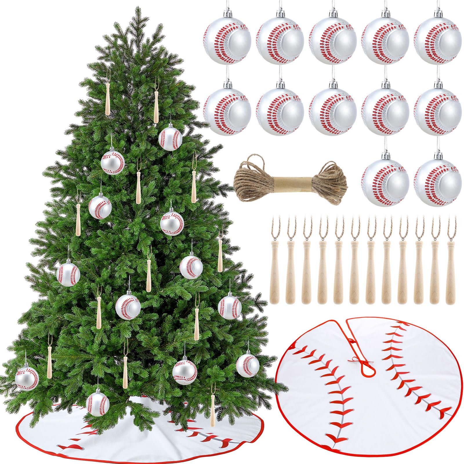 Syhood baseball tree skirt front view shows bold baseball print and hides tree stand