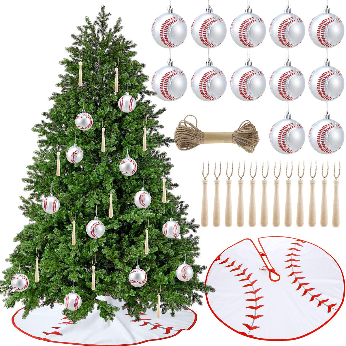 Syhood baseball tree skirt front view shows bold baseball print and hides tree stand