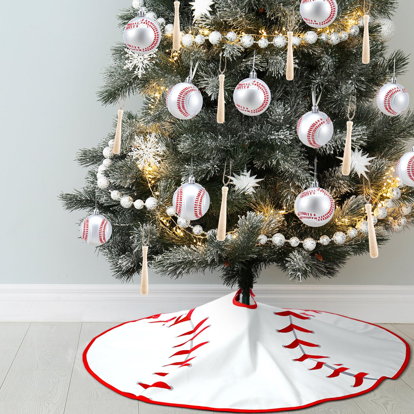 Syhood decorated Christmas tree with baseball theme adds festive sporty atmosphere