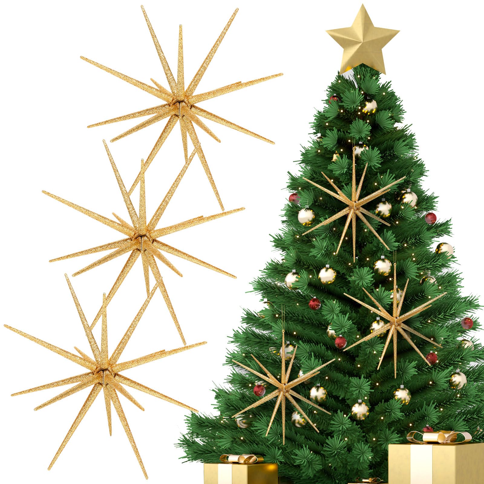 Syhood gold starburst front packaging showing six ornaments and bright finish