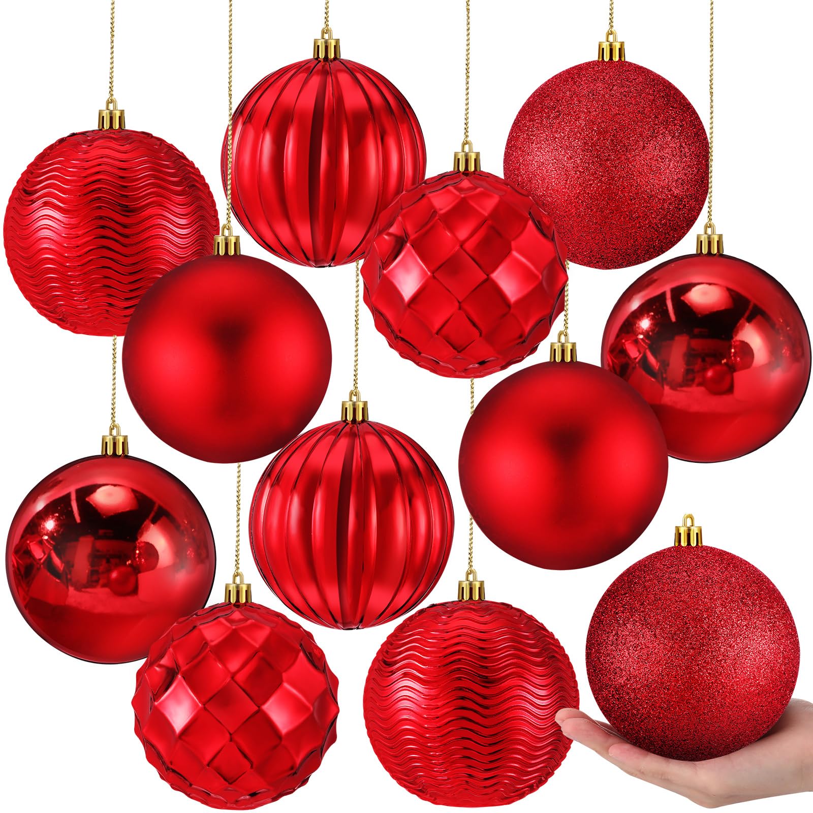 Syhood front view of twelve red ornaments showing the full set and packaging benefit