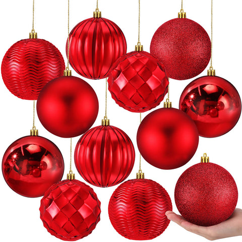 Syhood front view of twelve red ornaments showing the full set and packaging benefit