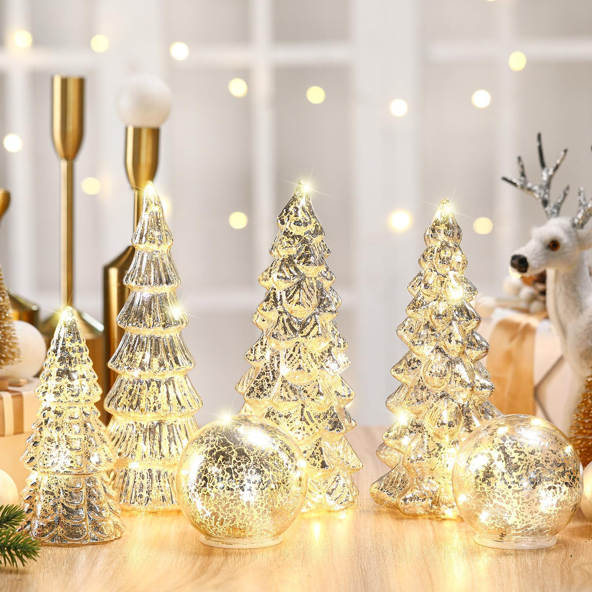 Syhood front view of full tree and ball set showing elegant shimmer