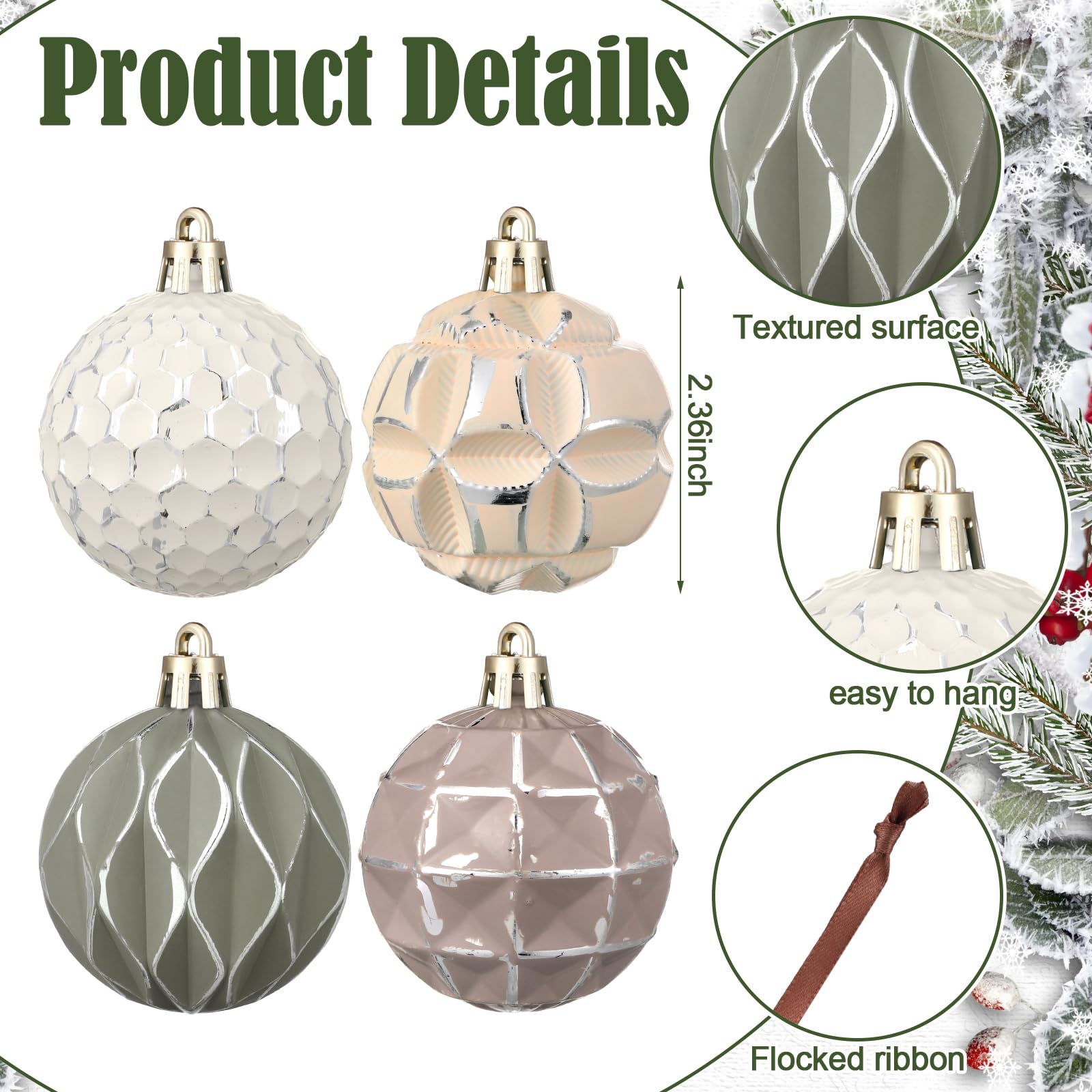 Syhood ornaments hanging on evergreen tree adding muted elegance