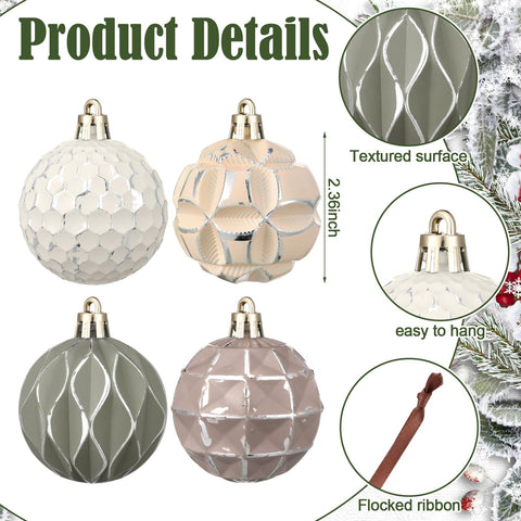 Syhood ornaments hanging on evergreen tree adding muted elegance
