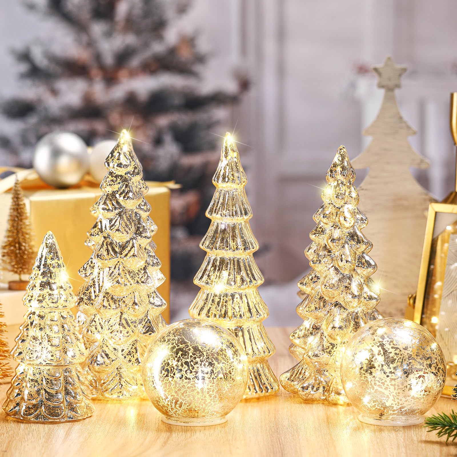 Syhood lit tree set glowing in dim room creating warm ambiance