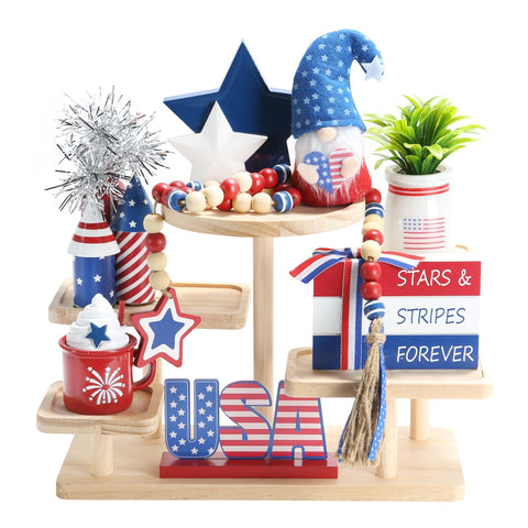 SYNCVIBE front view of eight-piece tray set showing patriotic arrangement and easy display