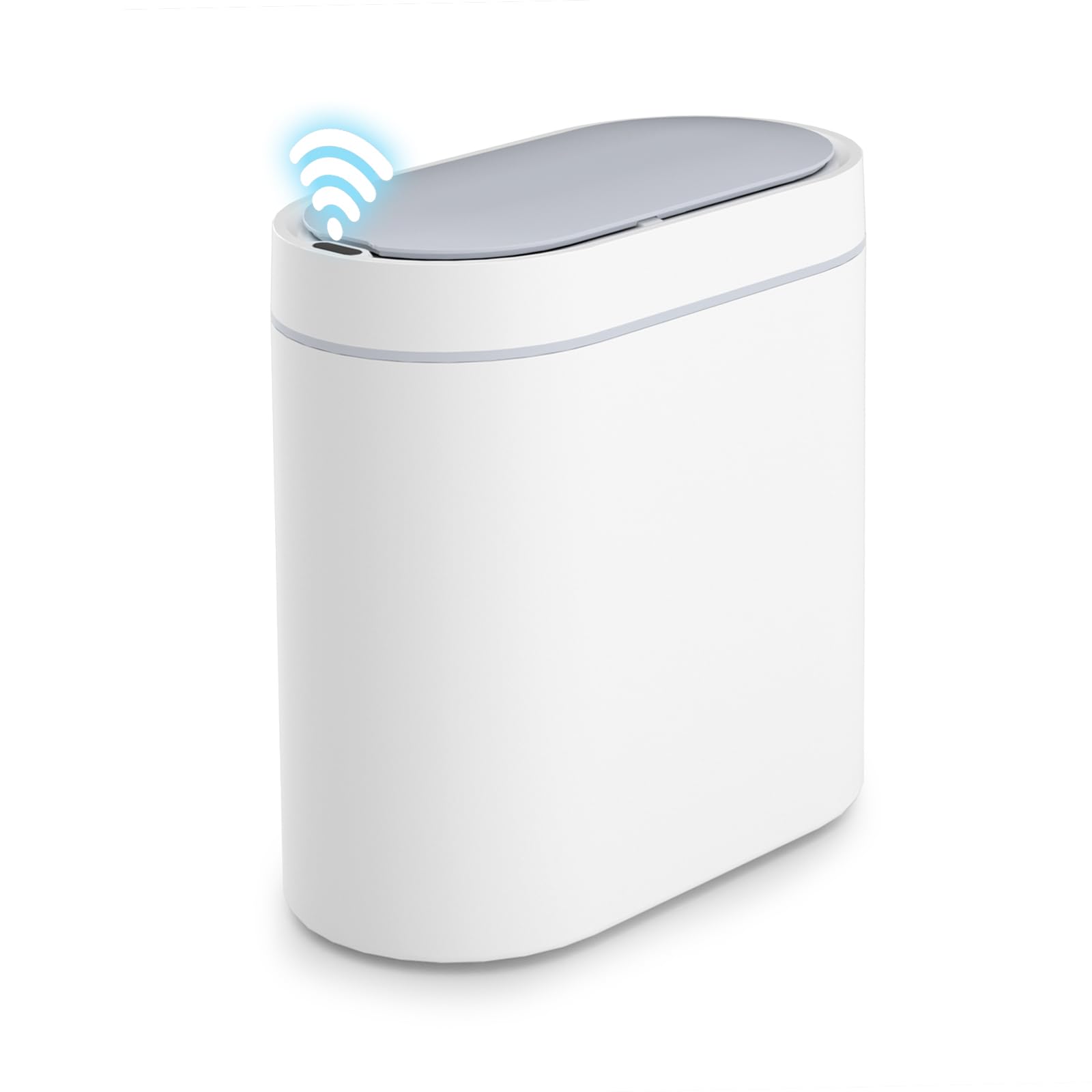 SYNCVIBE front view showing compact white trash can and space saving benefit