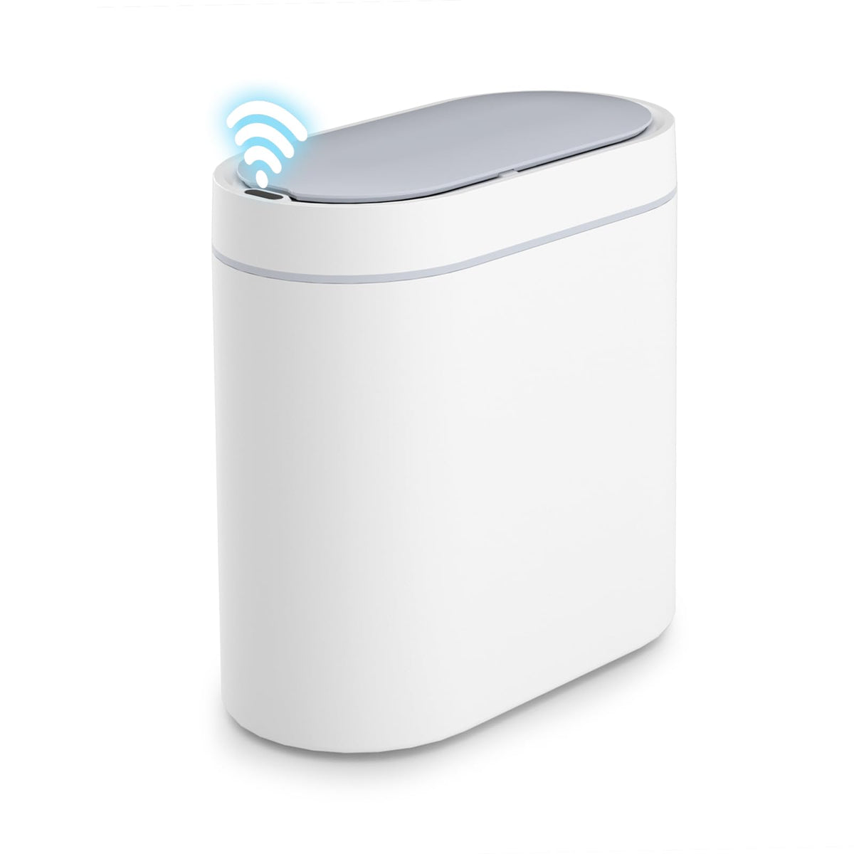 SYNCVIBE front view showing compact white trash can and space saving benefit