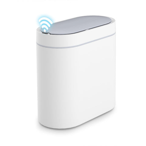 SYNCVIBE front view showing compact white trash can and space saving benefit