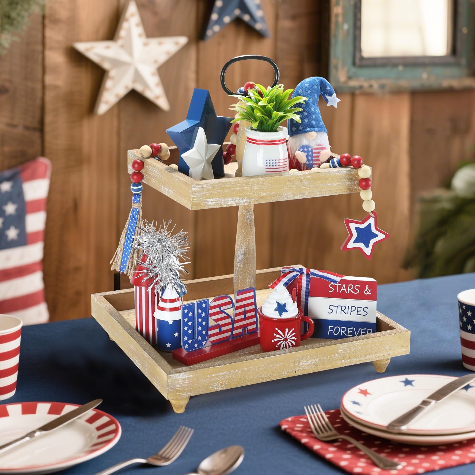 SYNCVIBE mantel styled with the set to add patriotic color and seasonal charm