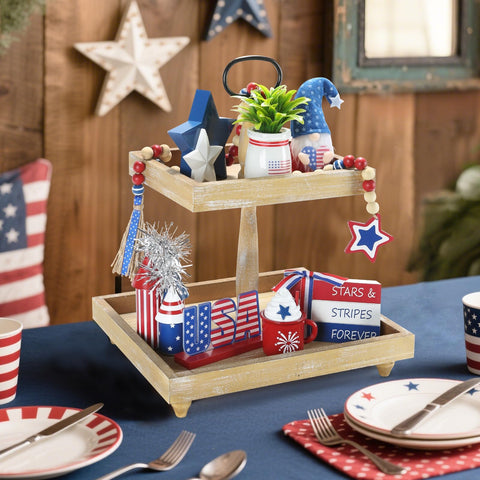 SYNCVIBE mantel styled with the set to add patriotic color and seasonal charm