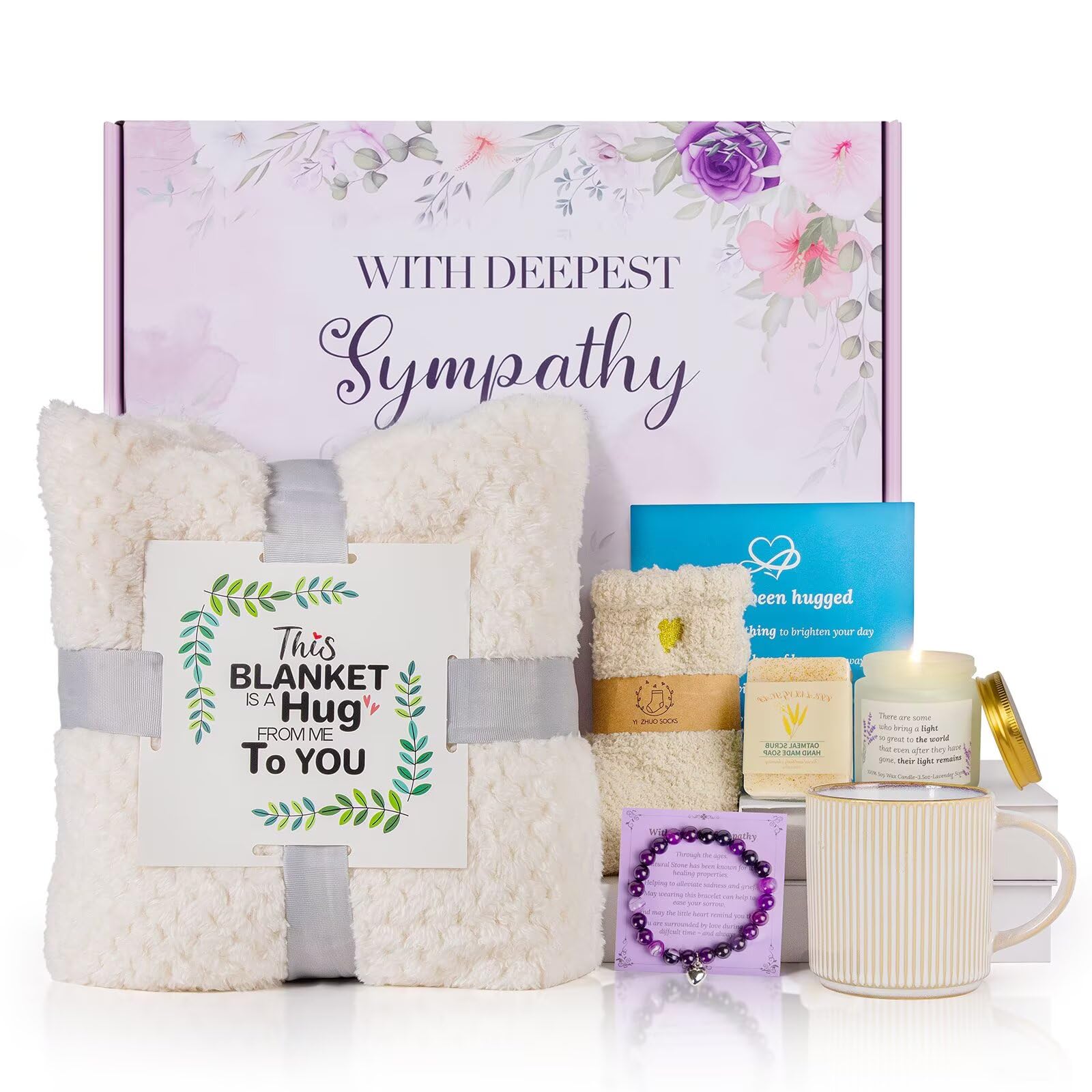 Synhonty front view of assembled sympathy basket showing all items for comforting support