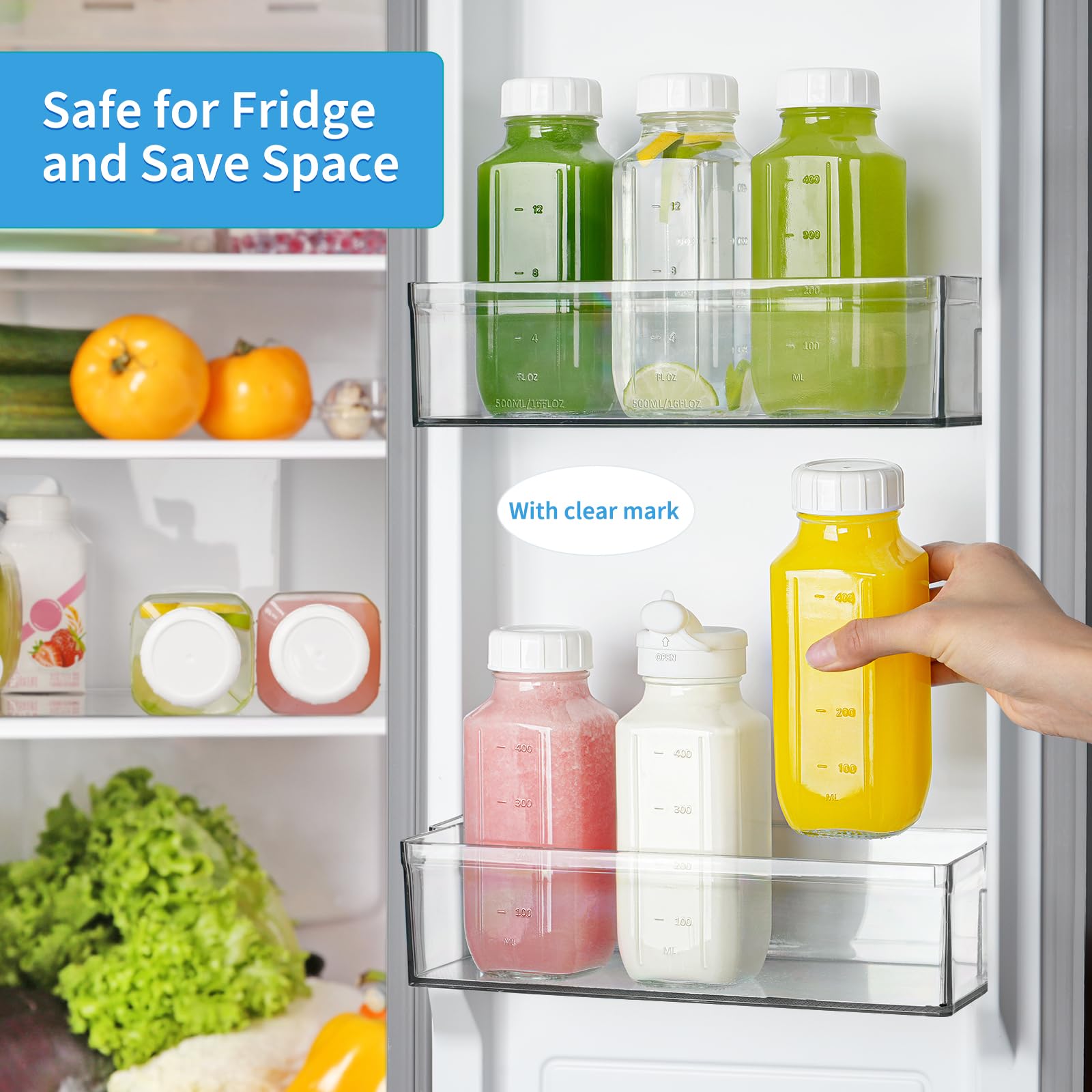 Syntic bottles neatly stored in fridge saving space and organizing drinks