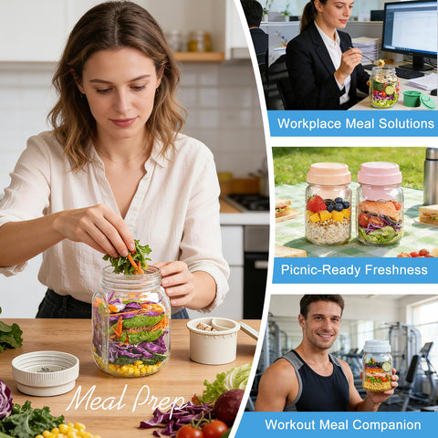 Syntic jar filled with layered salad demonstrating fresh-texture preservation