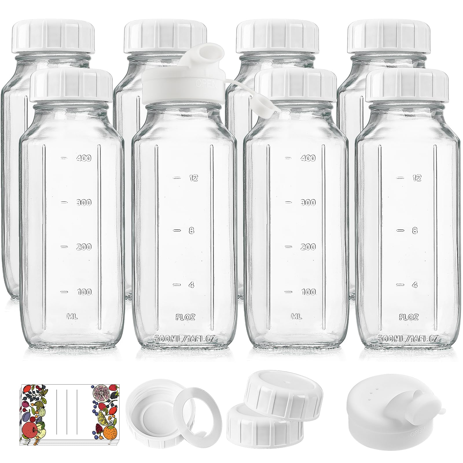 Syntic front view of 8 glass bottles showing compact, reusable storage benefit