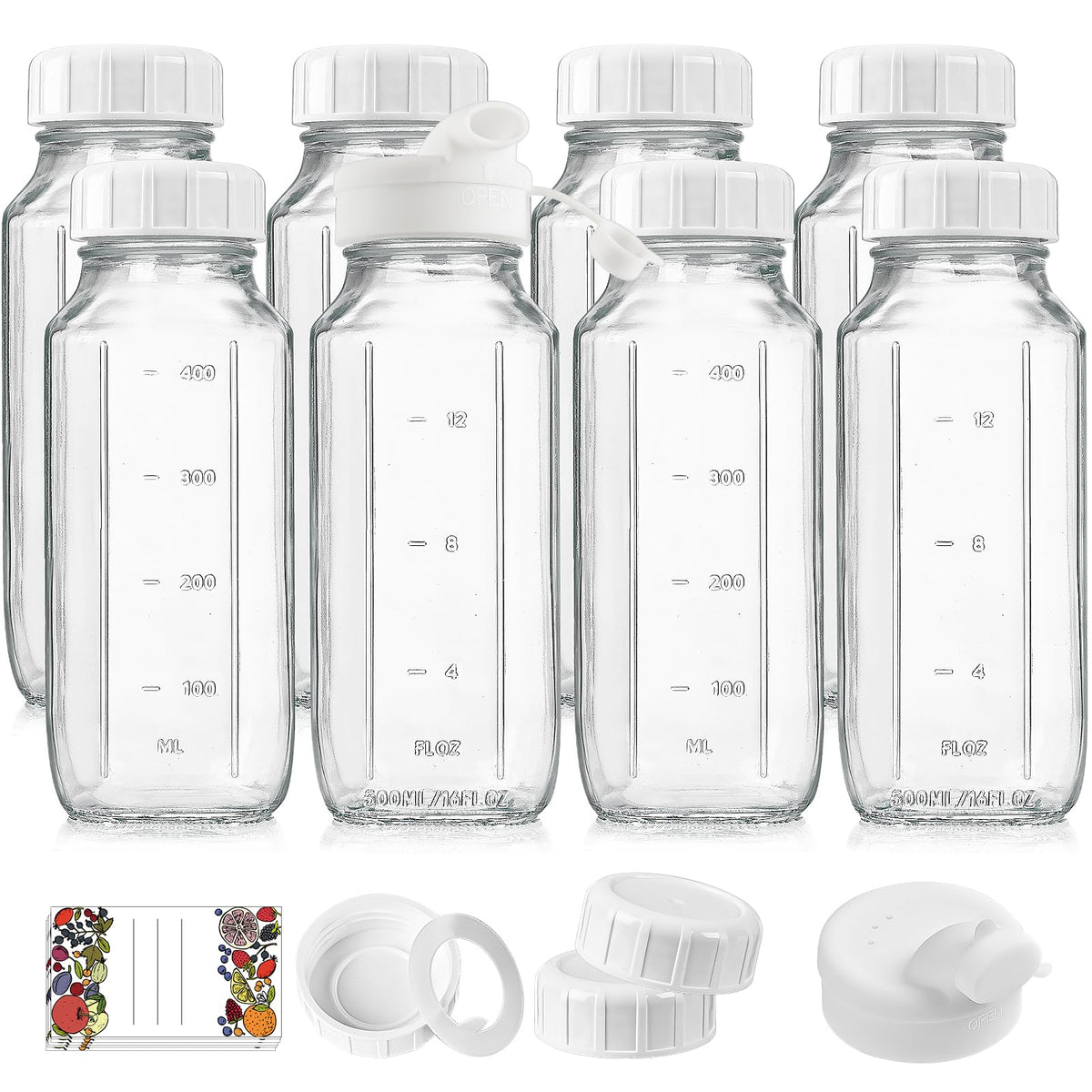 Syntic front view of 8 glass bottles showing compact, reusable storage benefit