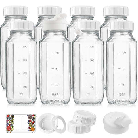 Syntic front view of 8 glass bottles showing compact, reusable storage benefit