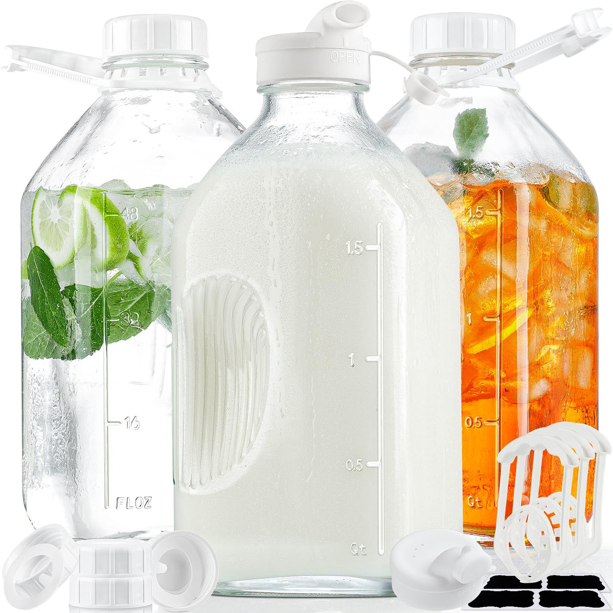 Syntic front view of three glass bottles showing clear packaging and capacity benefit