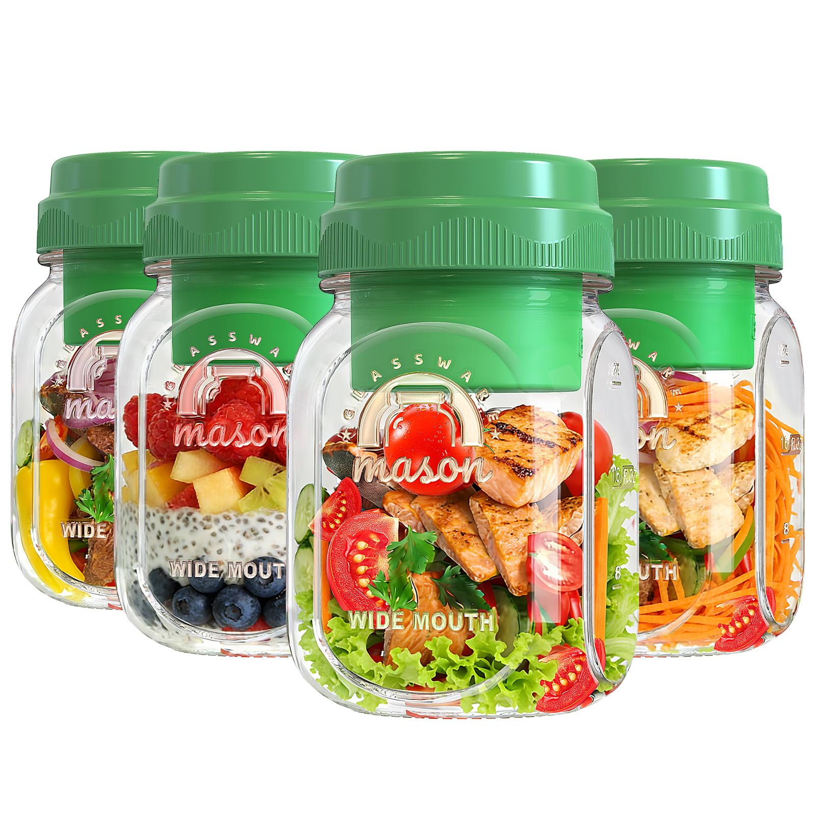 Syntic front view of four 32oz glass jars showing neat storage benefits
