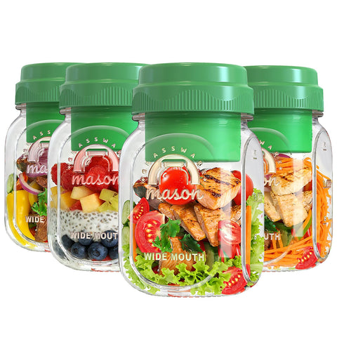 Syntic front view of four 32oz glass jars showing neat storage benefits