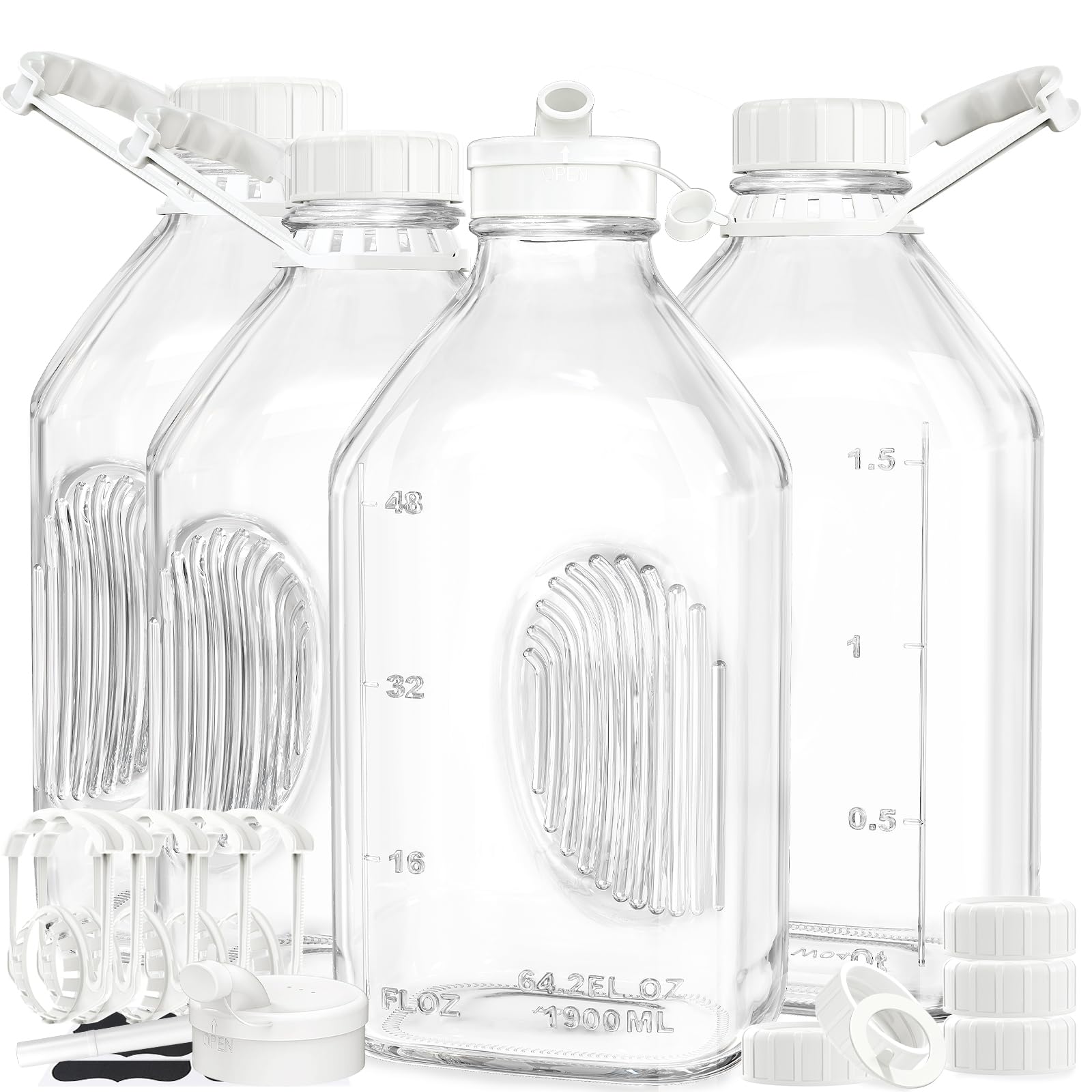 Syntic front packaging showing four glass milk bottles and accessories for easy setup