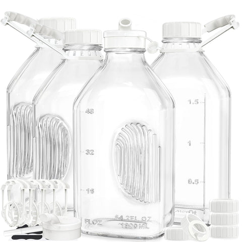 Syntic front packaging showing four glass milk bottles and accessories for easy setup