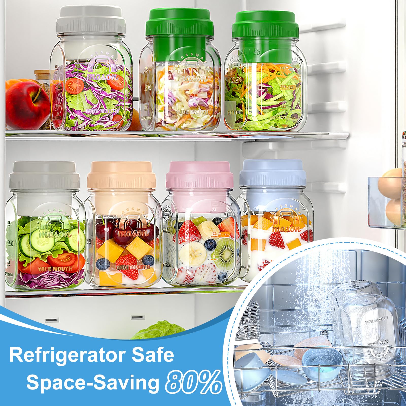 Syntic jar with dressing insert separated from greens to preserve freshness