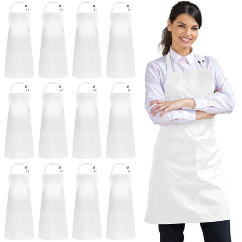 Syntus front view of 12 white aprons showing full bib coverage and tidy presentation