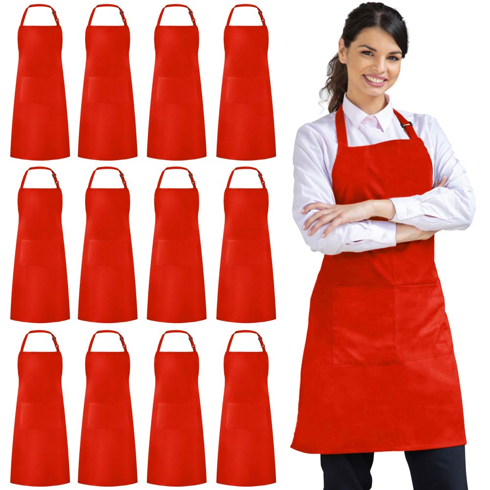 Syntus red apron front view showing full bib coverage and two pockets for protection