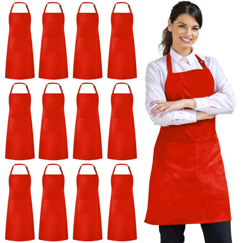 Syntus red apron front view showing full bib coverage and two pockets for protection