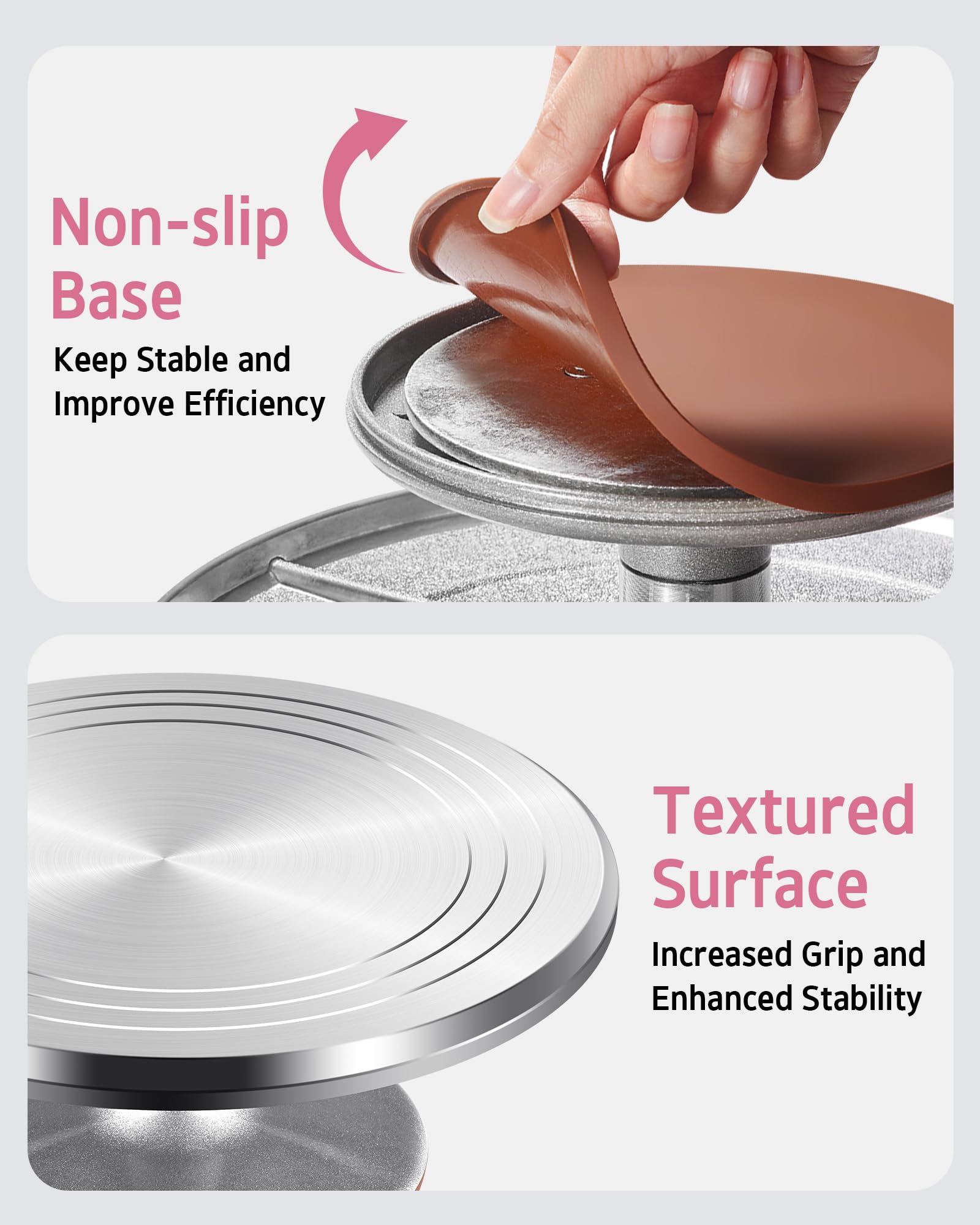 Syntus turntable in use with baker rotating cake for even frosting and smoother finishes