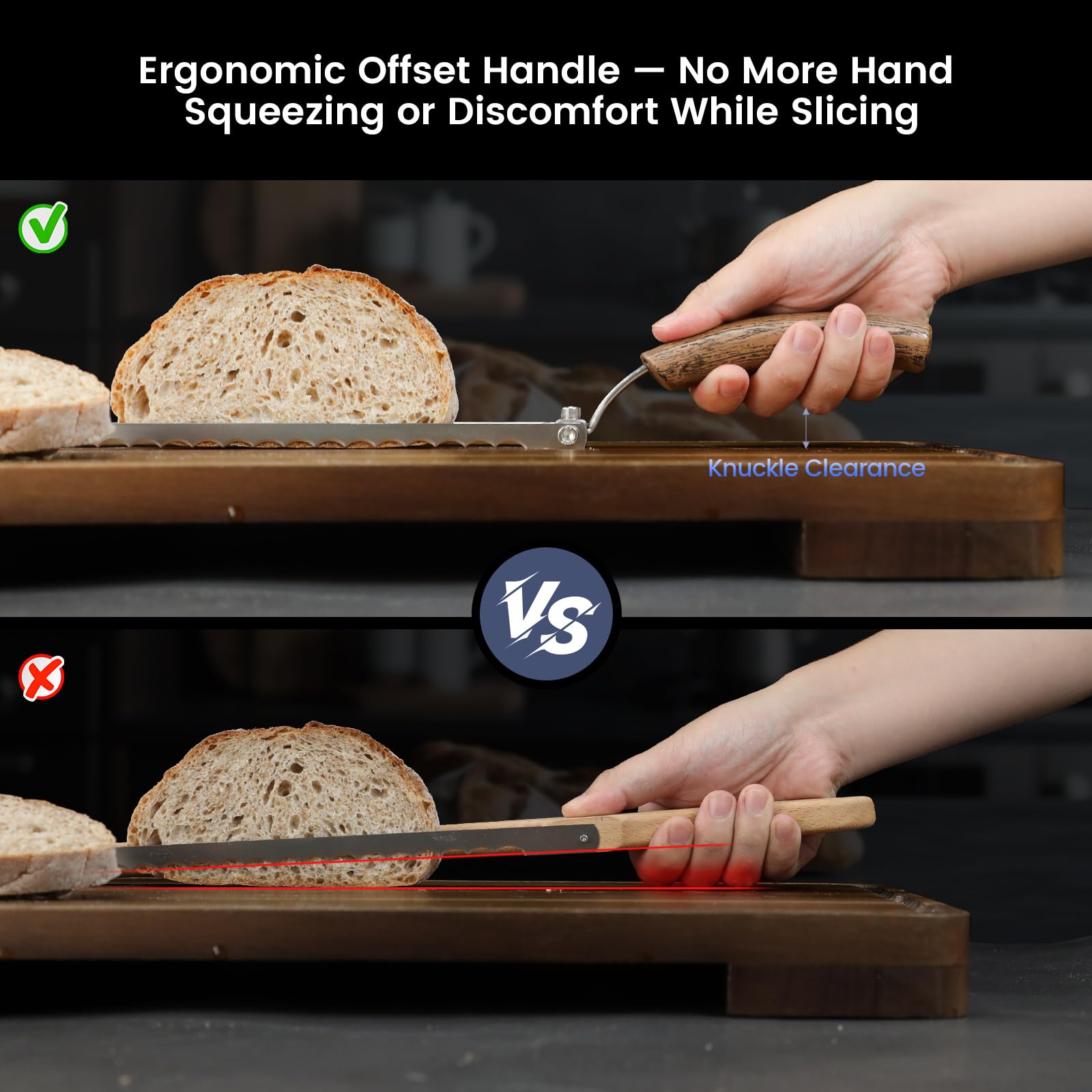 SYOKAMI slicing a crusty homemade loaf to show clean, complete cuts benefit