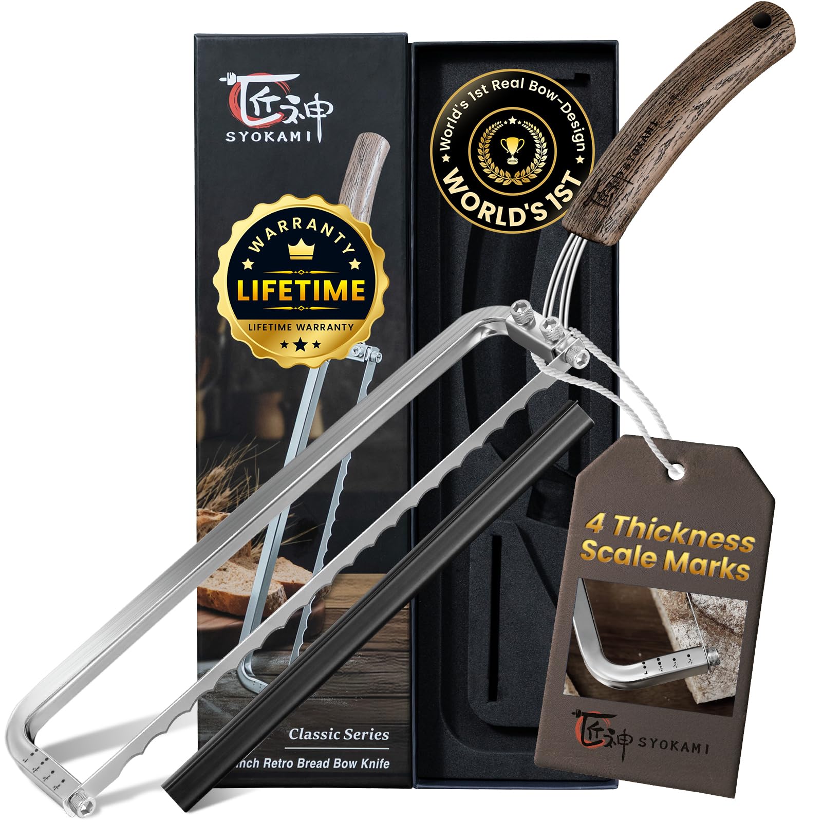 SYOKAMI front view showing bow-design frame and full knife benefit precise slicing