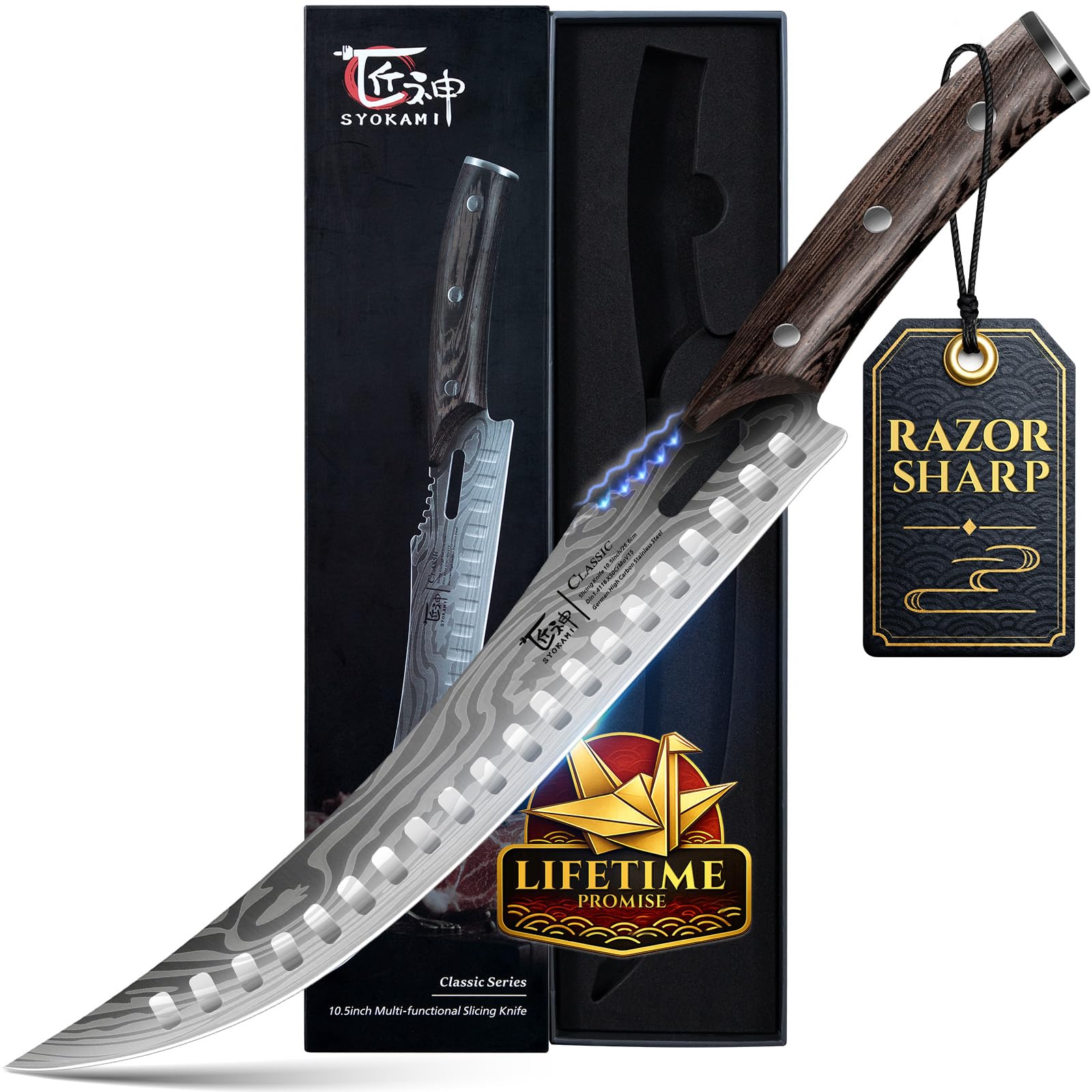 SYOKAMI front view showing full 10.5-inch blade and balance for precise slicing