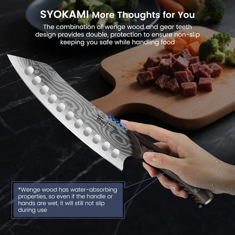 SYOKAMI wenge handle closeup showing textured grip and comfort benefit