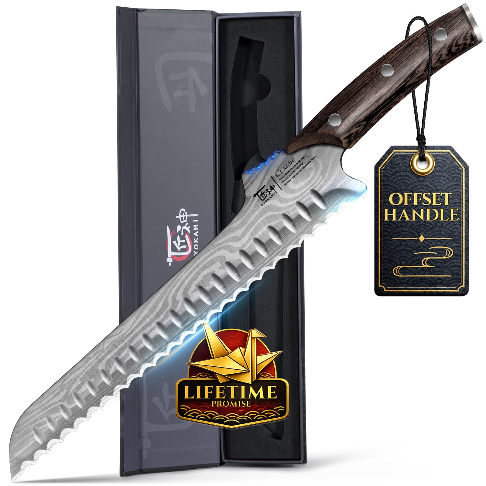 SYOKAMI offset bread knife front profile showing ergonomic lift and clean blade benefits