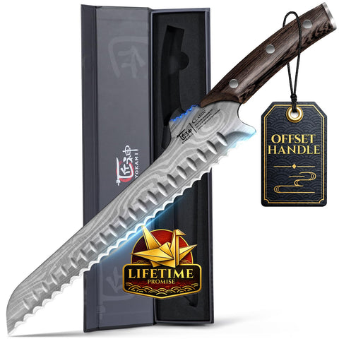 SYOKAMI offset bread knife front profile showing ergonomic lift and clean blade benefits