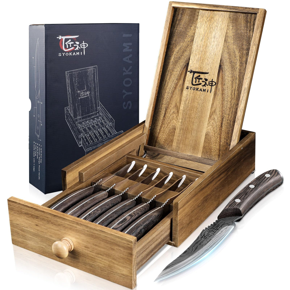 SYOKAMI front packaging showing six steak knives and organizer, gift-ready appeal
