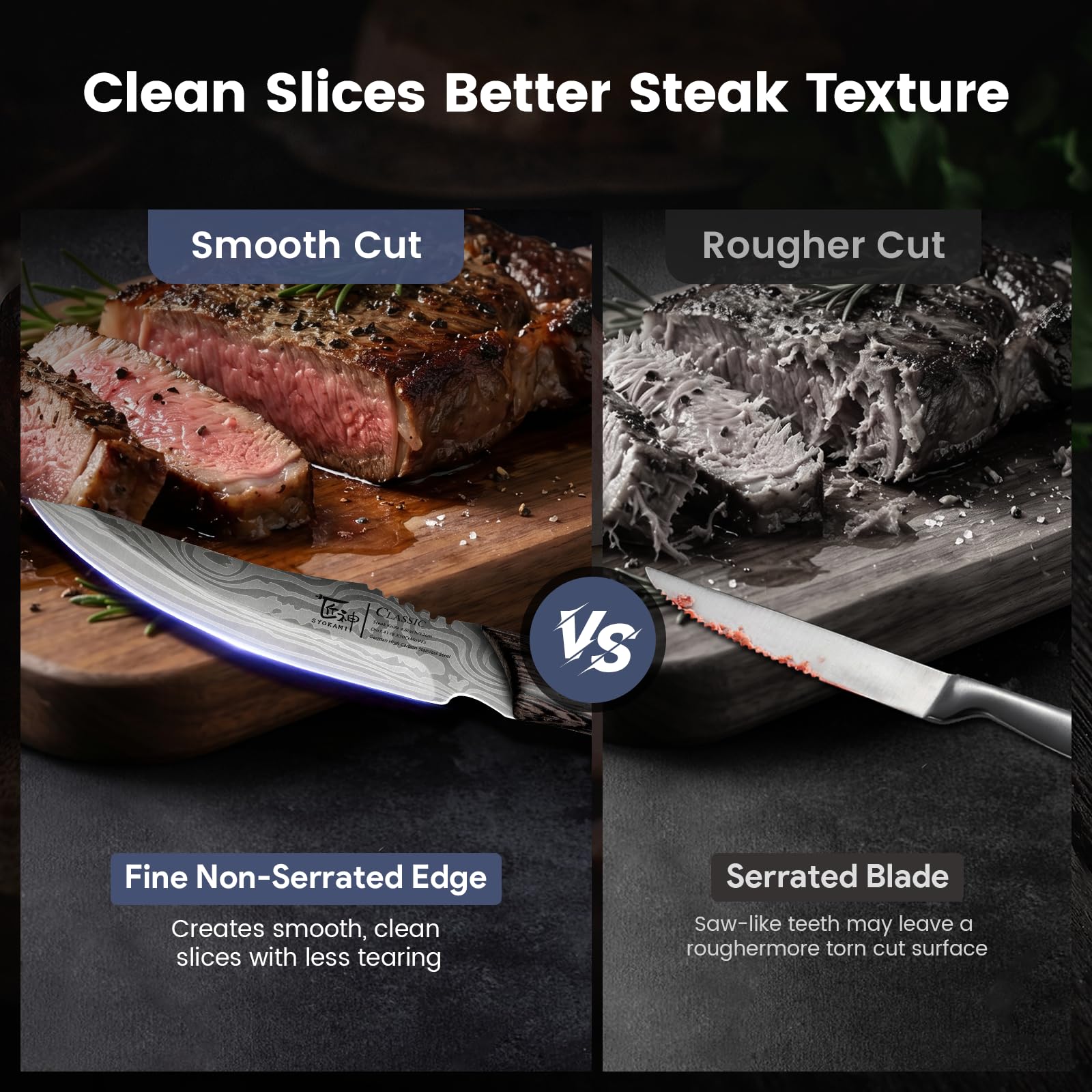 SYOKAMI knives cutting steak smoothly to preserve texture and juices